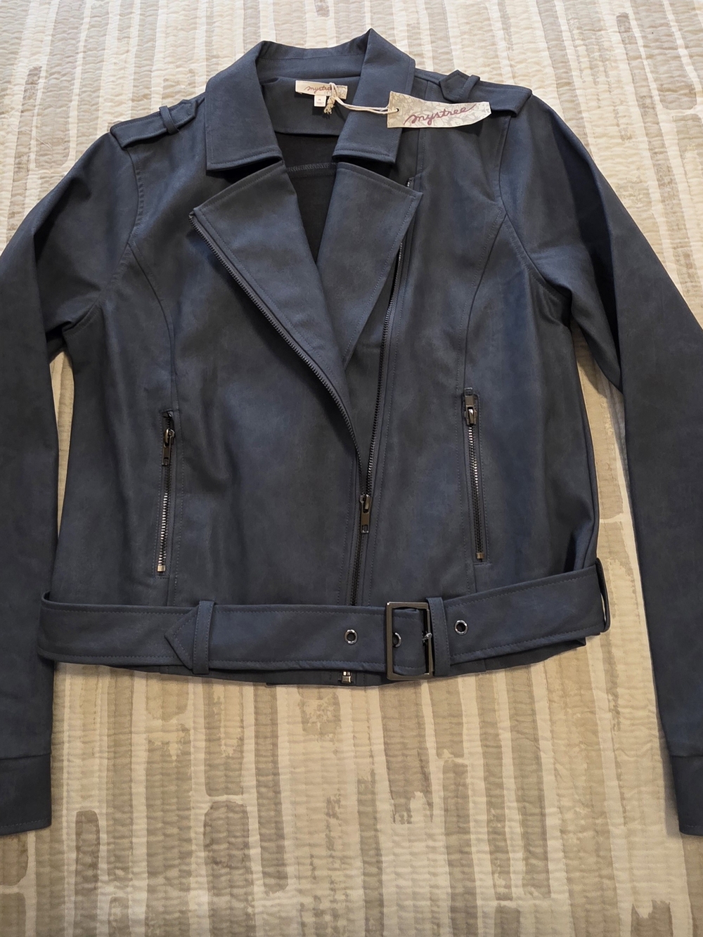 Mystree Dark Navy Faux Leather Moto Jacket with Belt